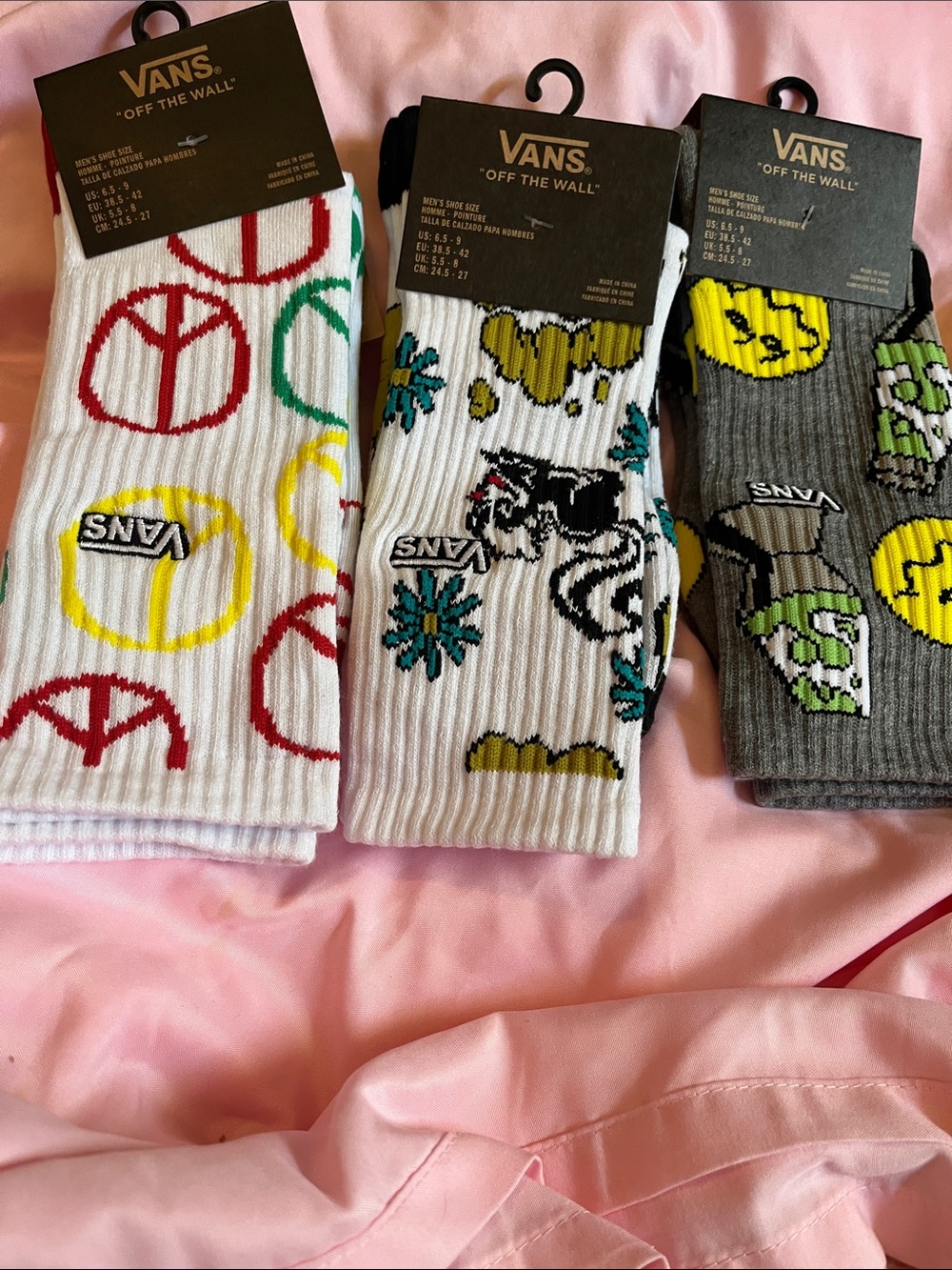 Vans Multi-Color Graphic Crew Socks Pack - White, Gray, Yellow, Red, Green 3 pai